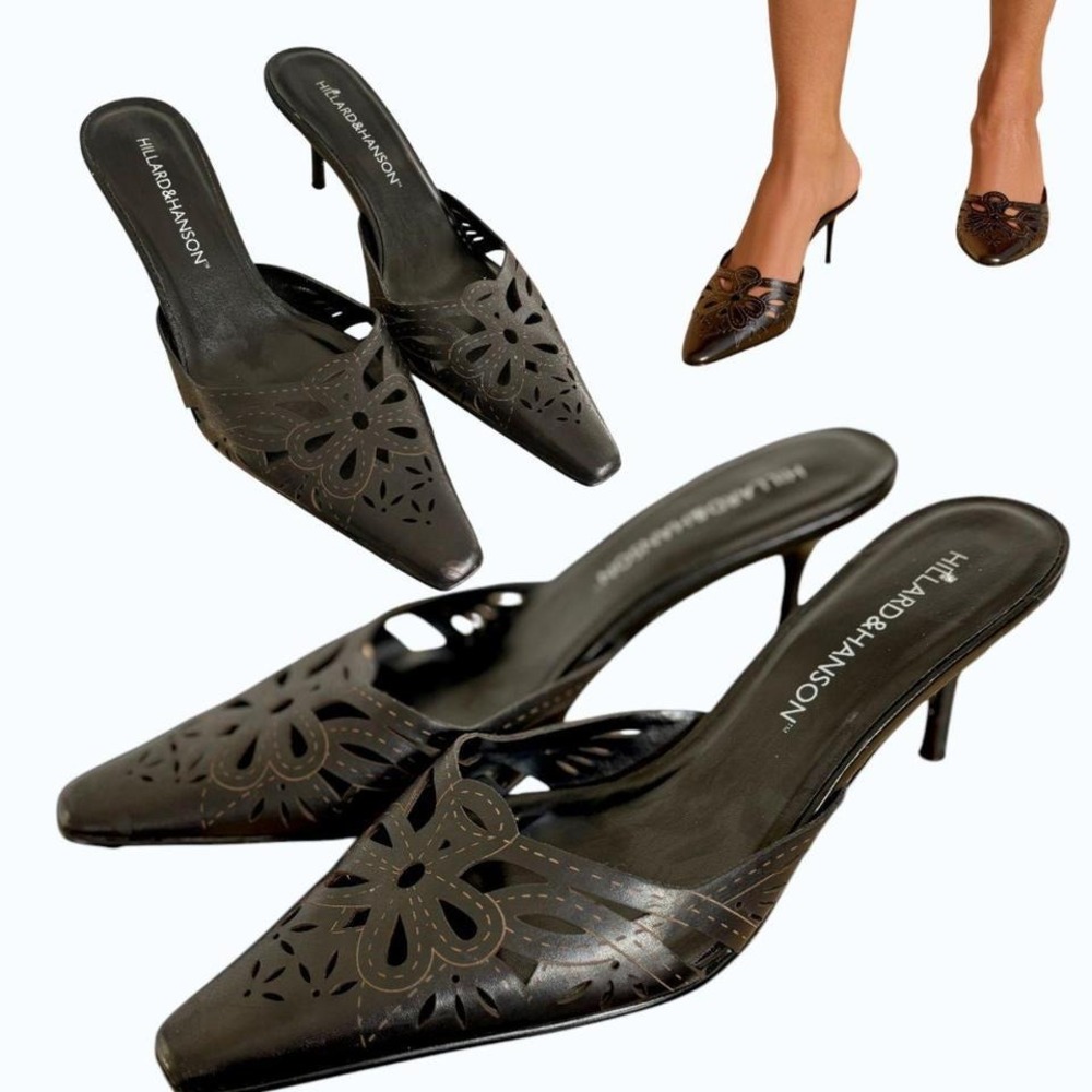 90's Y2K Rare Vtg Hillard & Hanson Lace Cut-Out Leather Mules sz. 8🖤 - Picture 3 of 6